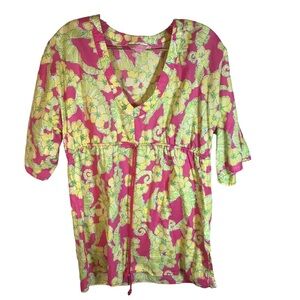 Lilly Pulitzer seahorse cotton cover-up S pink green drawstring empire waist